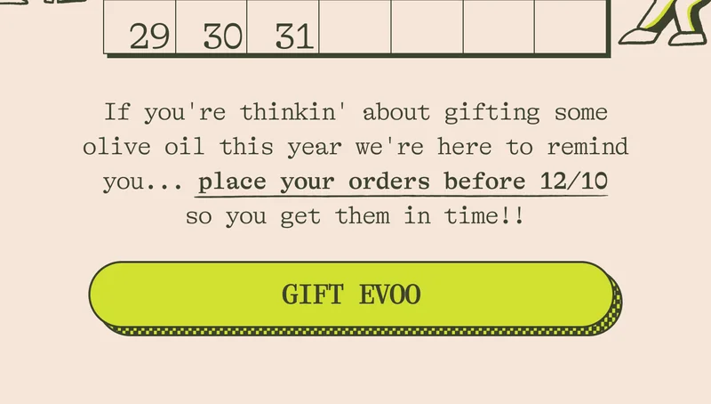If you're thinkin' about gifting some olive oil this year we're here to remind you... place your orders before 12/10 so you get them in time!!