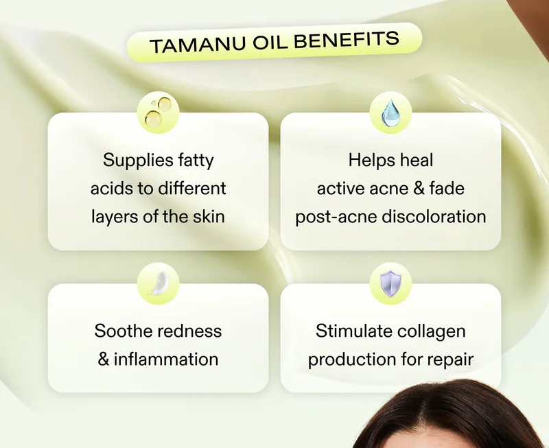 Tamanu Oil Benefits:  ✔️ Supplies fatty acids to different layers of the skin ✔️ Helps heal active acne & fade post-acne discoloration ✔️ Soothe redness & inflammation ✔️ And even stimulate collagen production for repair