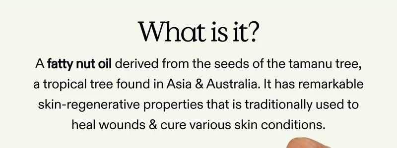 What is it?  A fatty nut oil derived from the seeds of the tamanu tree, a tropical tree found in Asia & Australia. It has remarkable skin-regenerative properties that is traditionally used to heal woulds & cure various skin conditions.