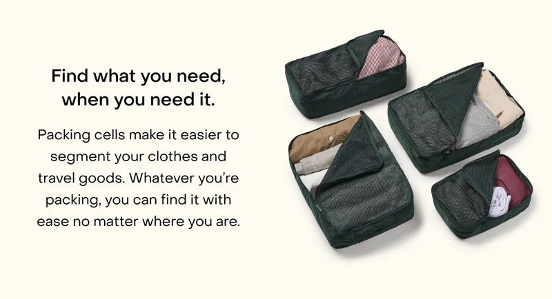 Packing cells make it easier to segment your clothes and travel goods. Whatever you’re packing, you can find it with ease no matter where you are.