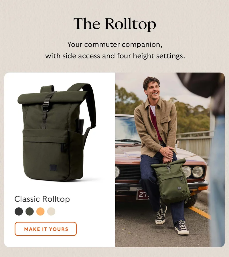 Classic Rolltop. Your commuter companion, with side access and adjustable height settings.