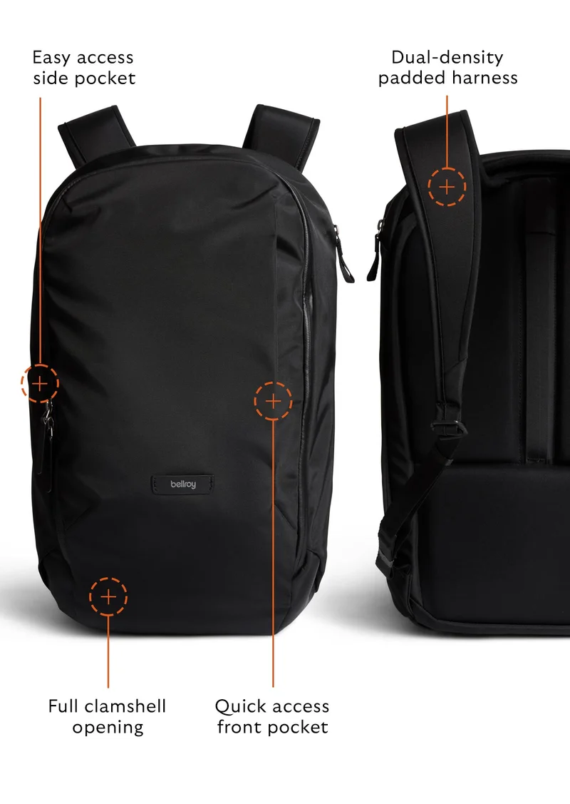 Fits 16” laptops Full clamshell opening Quick access front pocket Soft-lined sunglasses pouch External water bottle pocket Luggage pass-through