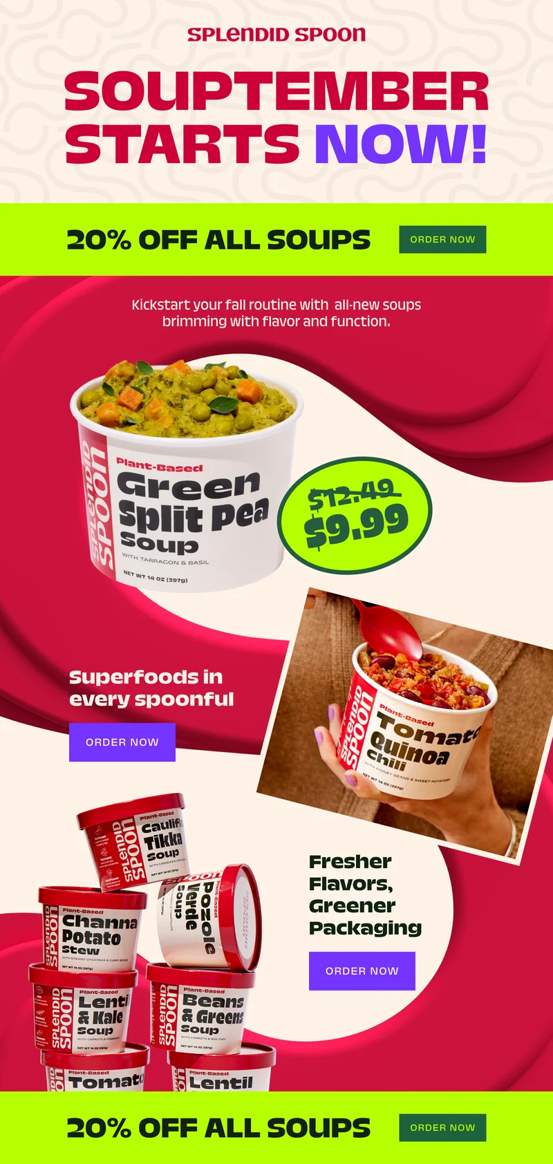 Promotion 20% off soups, images of soups in cups