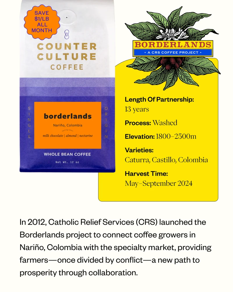 In 2012, Catholic Relief Services (CRS) launched the Borderlands project to connect coffee growers in Nariño, Colombia with the specialty market, providing farmers––once divided by conflict––a new path to prosperity through collaboration.