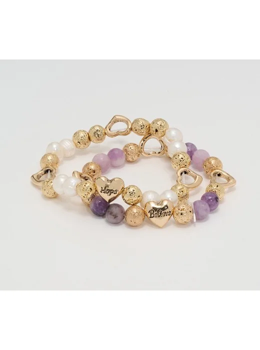 Zorbitz Set of 2 Lava & Gemstone Bead Heart Charm Bracelets