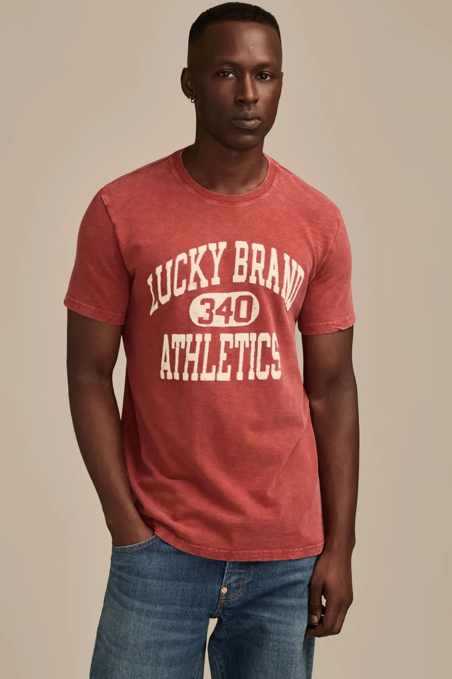 Image of Lucky Brand Lucky Athletics Tee - Men's Clothing Tops Shirts Tee Graphic T Shirts in Cinnabar
