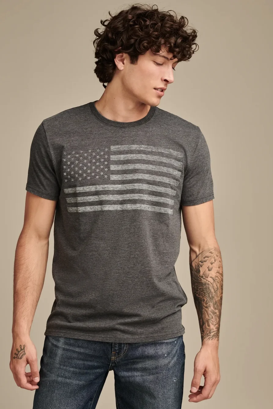 Image of Lucky Brand Usa Flag Tee - Men's Clothing Tops Shirts Tee Graphic T Shirts in Jet Black