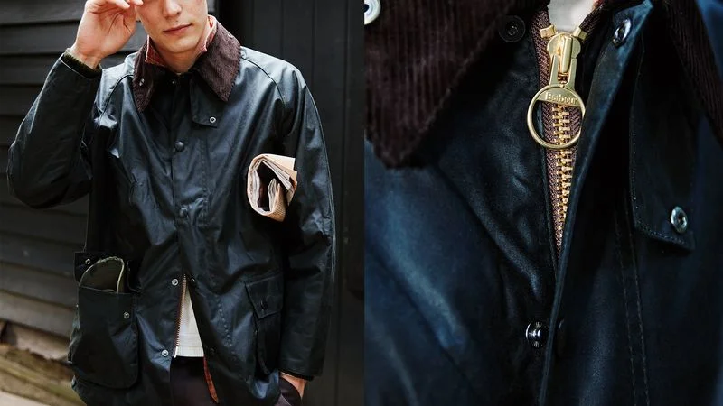 a man wearing a barbour waxed canvas jacket, next to a closeup of the jacket's zipper