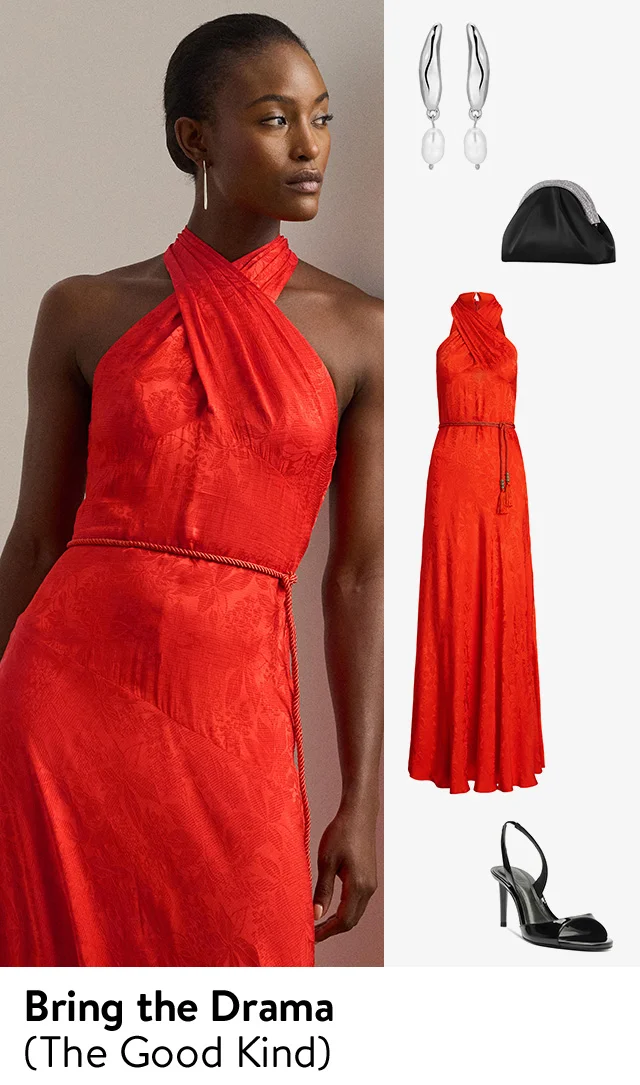 A woman wearing a red dress; the dress alongside a heel, earrings and a handbag.