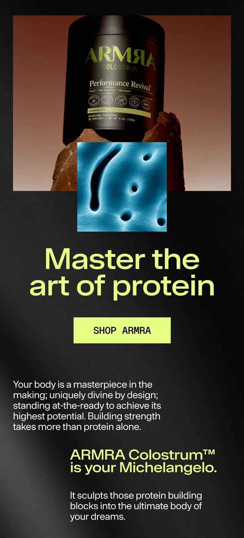 ARMRA Performance Revival chocolate container on rock with abstract blue cellular image; text reads ‘Master the art of protein.’ Button reads ‘Shop ARMRA.’