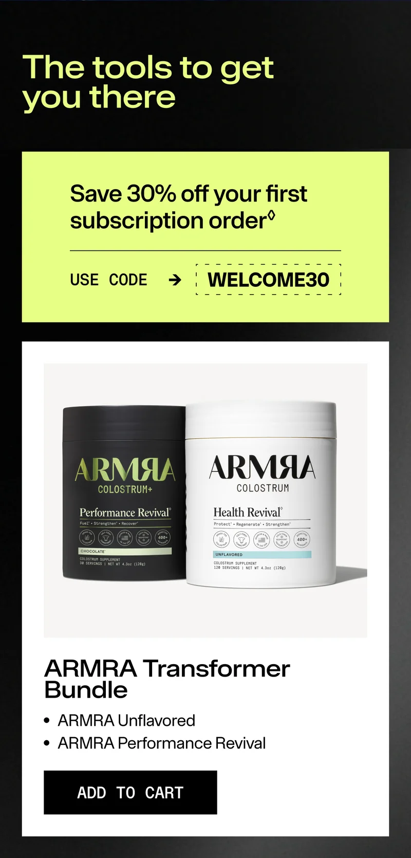 ARMRA Transformer Bundle showing Performance Revival and Health Revival containers with ‘Add to cart’ button.