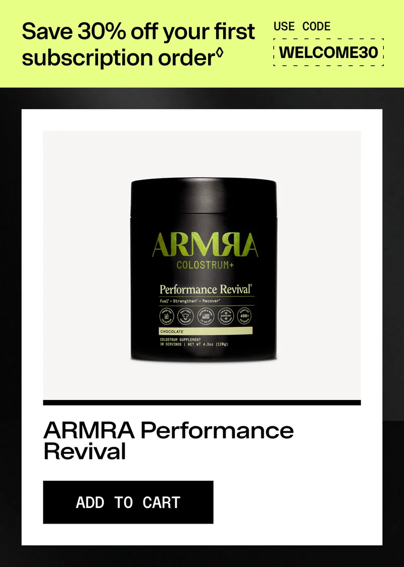 ARMRA Performance Revival chocolate container with ‘Add to cart’ button.