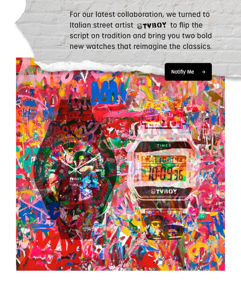 For our latest collaboration we turned to Italian street artist TVBOY to flip the script on tradition and bring you two bold new watches that reimagine the classics. | Notify Me
