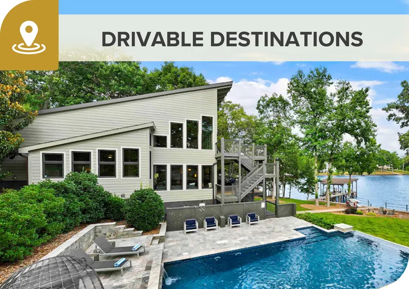 Lakeside home with large deck and pool, surrounded by trees and perfect for a nearby drivable getaway.