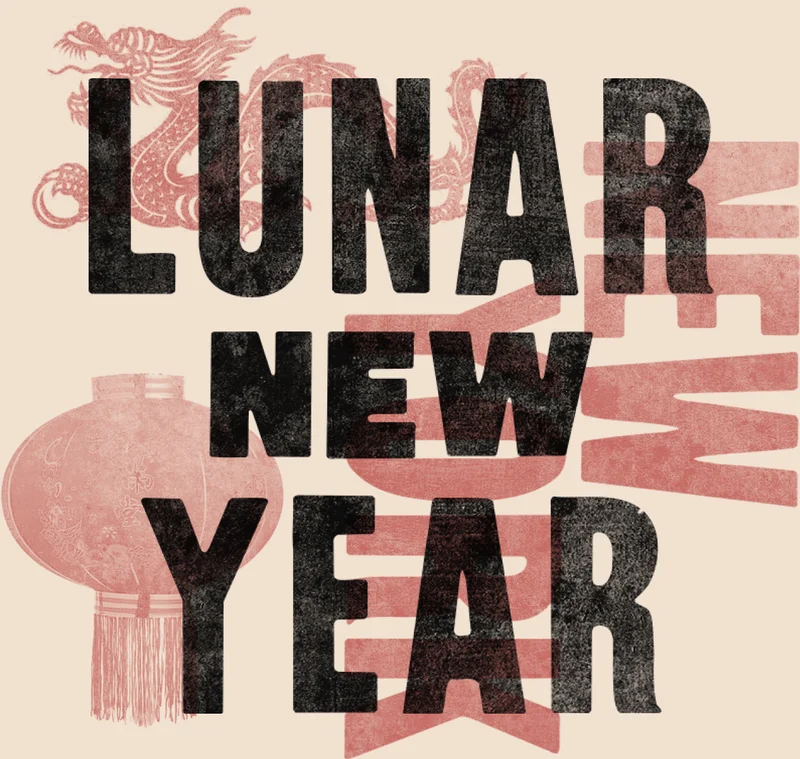 Stylized text 'LUNAR NEW YEAR' with a distressed pink texture overlay, accompanied by a traditional dragon and a hanging lantern.