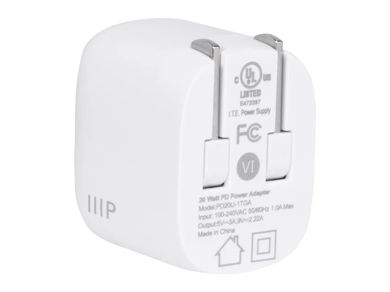 Monoprice USB-C Charger, 20W 1-port PD GaN Technology Foldable Wall Charger White