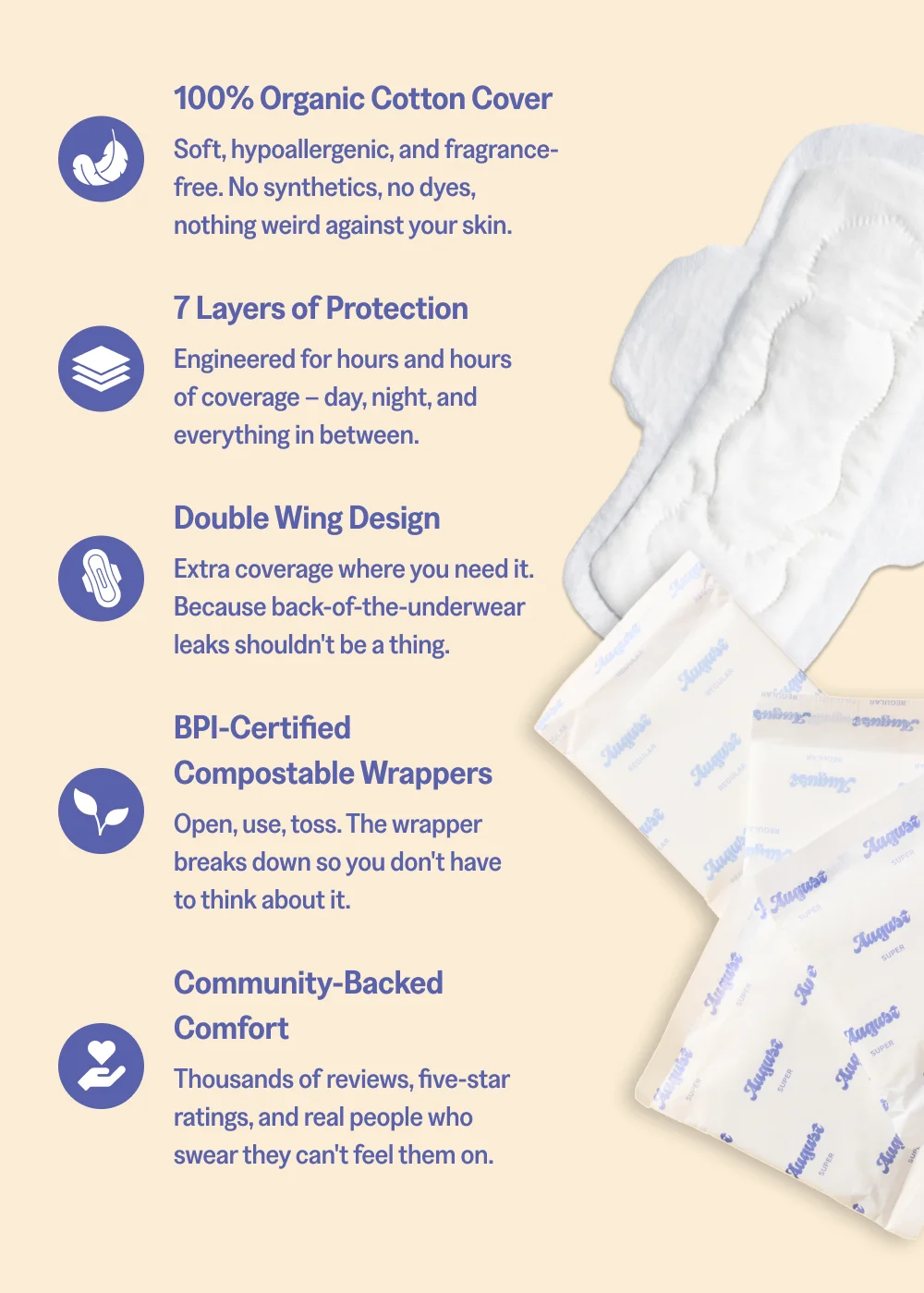 100% Organic Cotton Cover Soft, hypoallergenic, and fragrance-free. No synthetics, no dyes, nothing weird against your skin. 8 Layers of Protection Engineered for hours and hours of coverage – day, night, and everything in between. Double Wing Design (Night Pads) Extra coverage where you need it. Because back-of-the-underwear leaks shouldn't be a thing. BPI-Certified Compostable Wrappers Open, use, toss. The wrapper breaks down so you don't have to think about it. Community-Backed Comfort Thousands of reviews, five-star ratings, and real people who swear they can't feel them on.