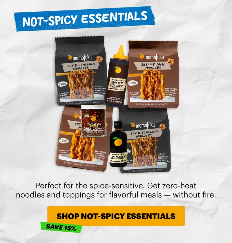 Header: Not-Spicy Essentials  Sub-header: Perfect for the spice-sensitive. Get zero-heat noodles and toppings for flavorful meals — without fire. CTA: SHOP NOT-SPICY ESSENTIALS. TAG: SAVE 15%