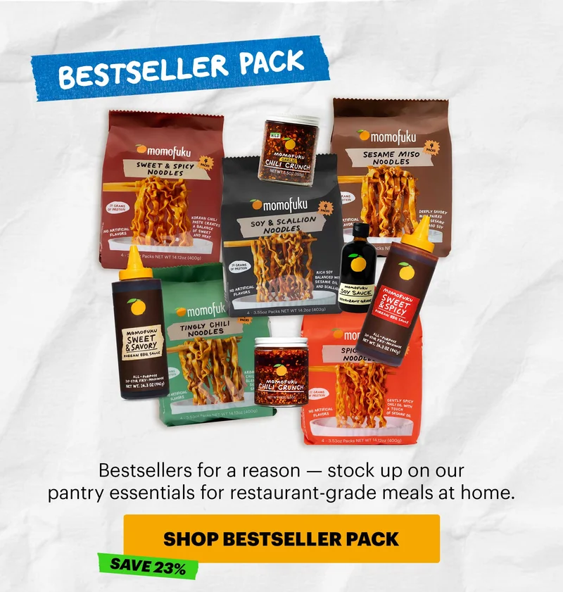 Header: Bestseller Pack  Sub-header: Bestsellers for a reason — stock up on our pantry essentials for restaurant-grade meals at home.  CTA: SHOP BESTSELLER PACK. TAG: SAVE 23%