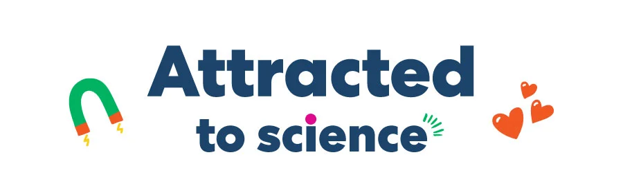 KiwiCo logo on a green background with science-themed icons. Bold text reads 'Attracted to science' with a magnet emoji, introducing a Valentine's Day-themed magnetic experiment.