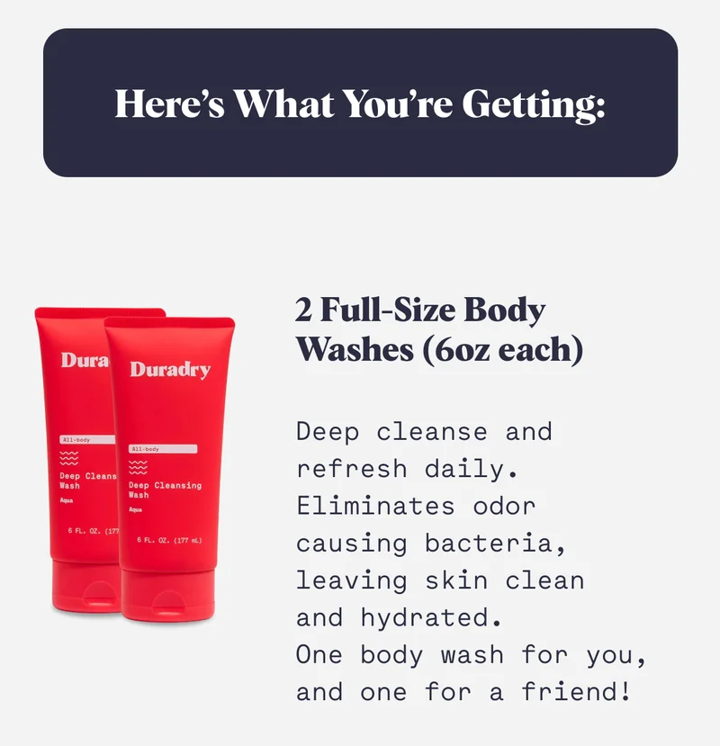 Here’s What You’re Getting: 2 Full-Size Body Washes (6oz each) Deep cleanse and refresh daily. eliminates odor causing bacteria, leaving skin clean  and hydrated. One body wash for you, and one for a friend!