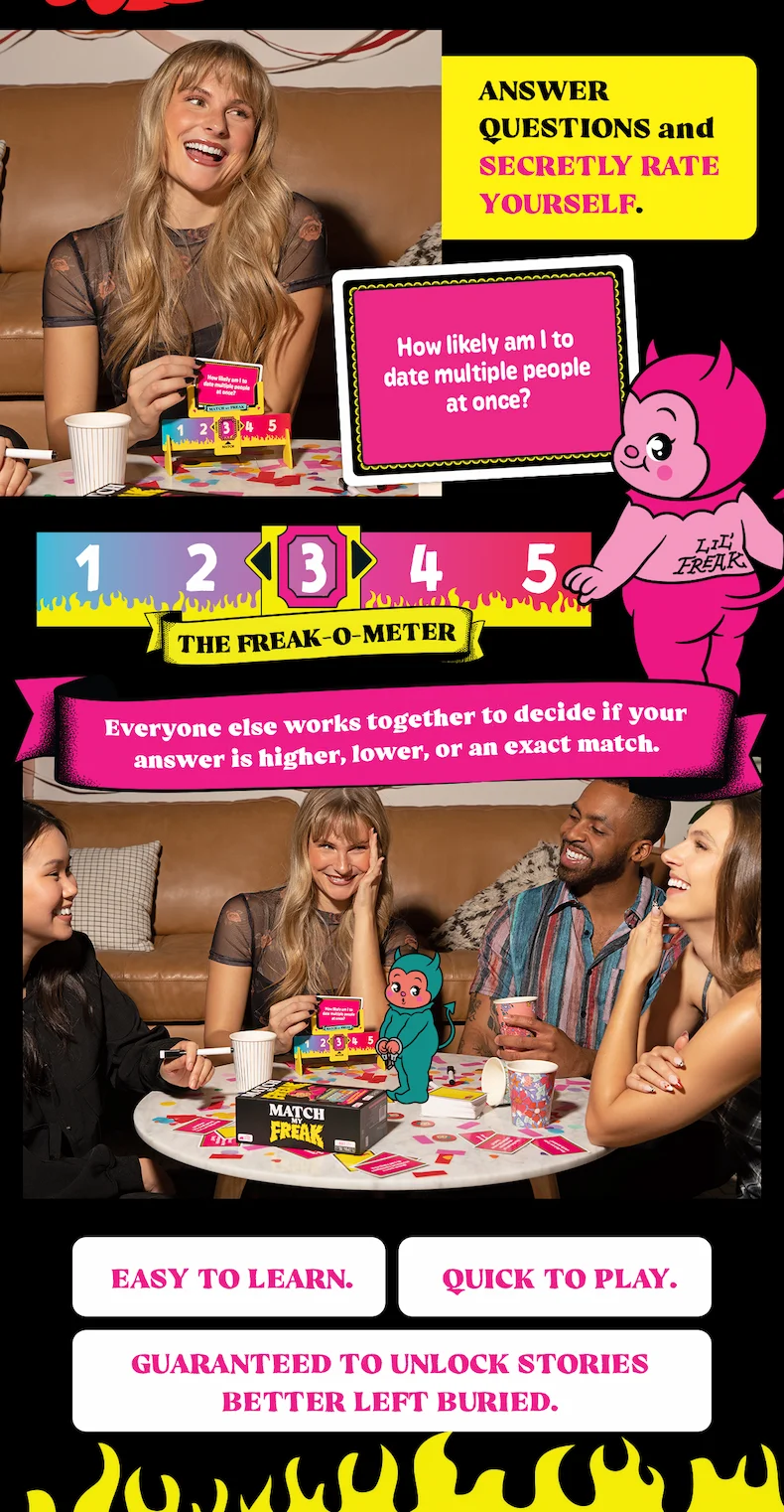 ANSWER QUSTIONS AND SECRETLY RATE YOURSELF. | How likely am I to date multiple people at once? |THE FREAK- O - METER |  Everyone else works together to decide if your answer is higher, lower, or an exact match. | EASY TO LEARN. | QUICK TO PLAY. | GUARANTEED TO UNLOCK STORIES BETTER LEFT BURIED.