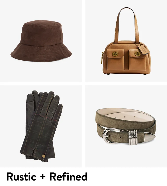 A brown hat, brown bag, green belt and black gloves.