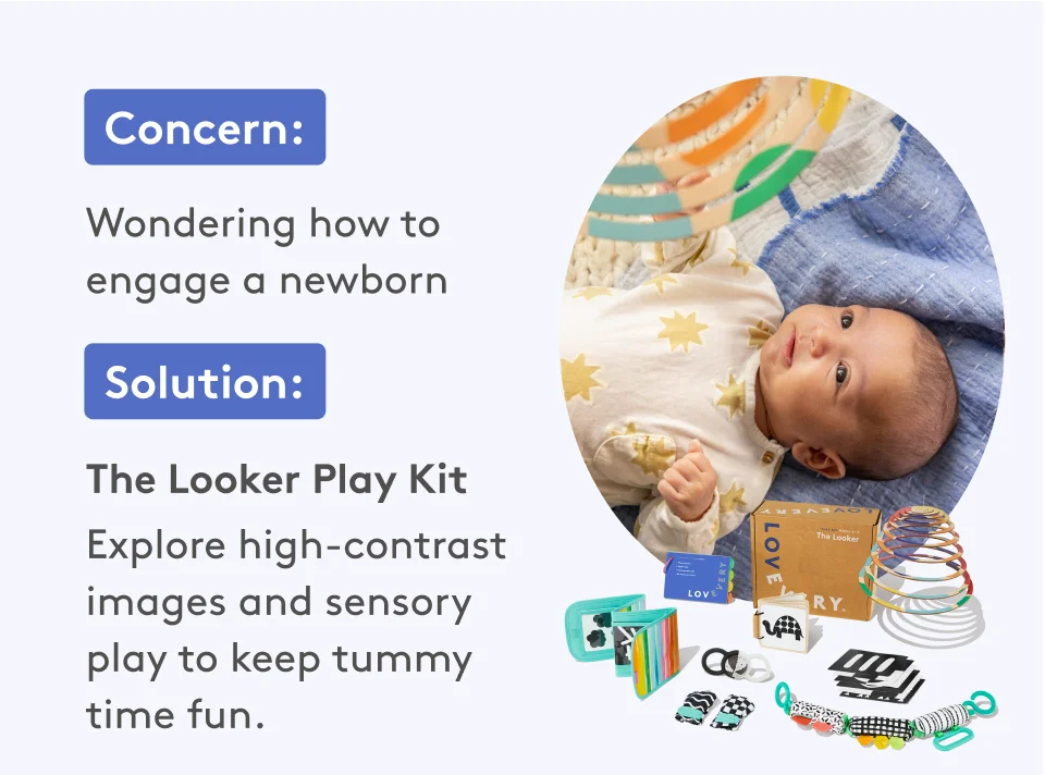 Concern: Wondering how to engage a newborn. Solution: The Looker Play Kit explore high-contrast images and sensory play to keep tummy time fun.