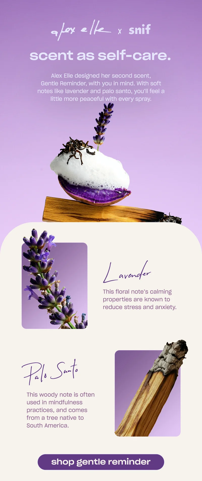 Alex Elle designed her second scent, Gentle Reminder, with you in mind. With soft notes like lavender and palo santo, you’ll feel a little more peaceful with every spray.