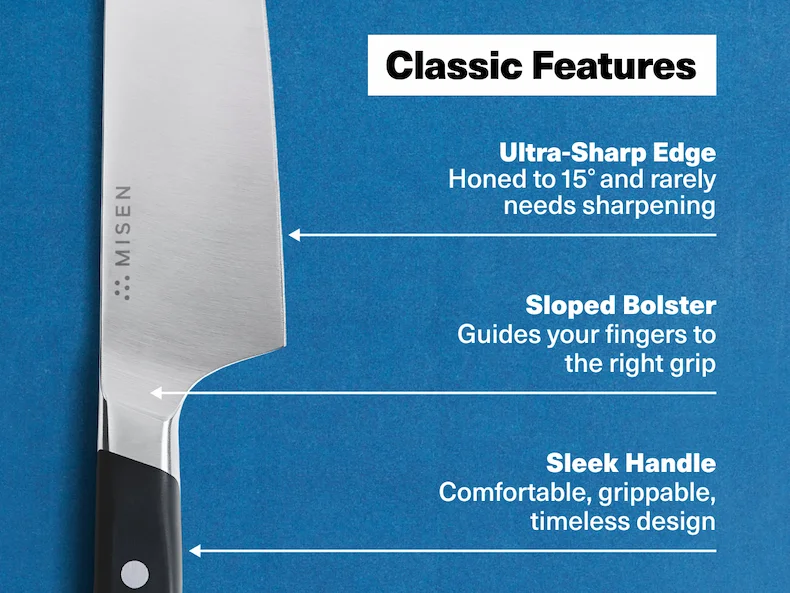 Classic Features: Ultra-Sharp Edge Honed to 15° and rarely needs sharpening. Sloped Bolster: Guides your fingers to the right grip. Sleek Handle: Comfortable, grippable, timeless design
