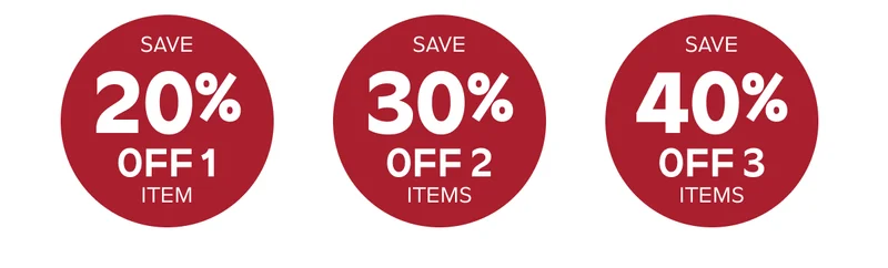 Save 20% off 1 item, Save 30% off 2 items, Save 40% off 3 items