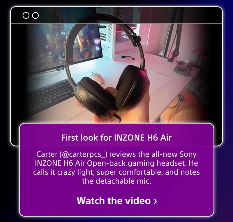 First look for INZONE H6 Air | Carter (@carterpcs_) reviews the all-new Sony INZONE H6 Air Open-back gaming headset. He calls it crazy light, super comfortable, and notes the detachable mic. Watch the video