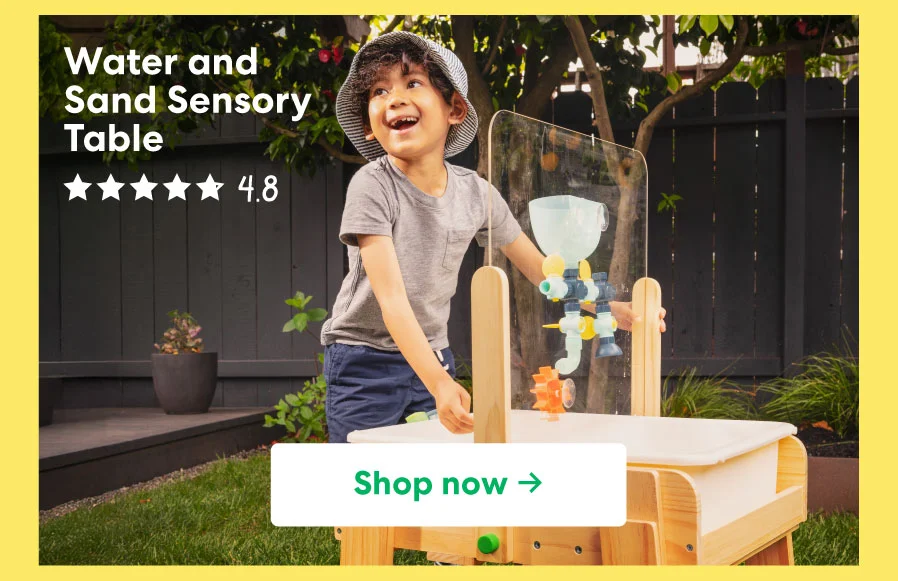 Child pouring water into a clear sensory table outdoors, rating 4.8 stars