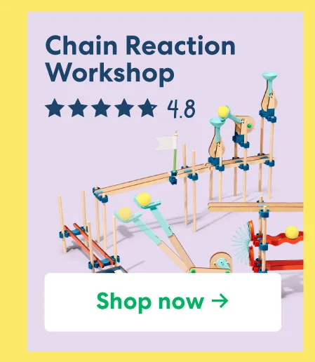 Tabletop chain reaction project with marbles and levers in motion, rating 4.8 stars