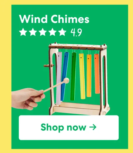 Colorful hanging chimes being struck by a small stick, rating 4.9 stars