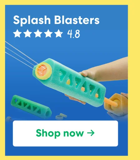 Child holding green foam water blaster aimed at a target, rating 4.8 stars