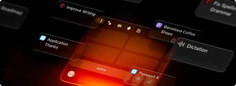 A dark-themed mobile keyboard interface with various app icons and features like "Improve Writing" and "Dictation" displayed in a glowing