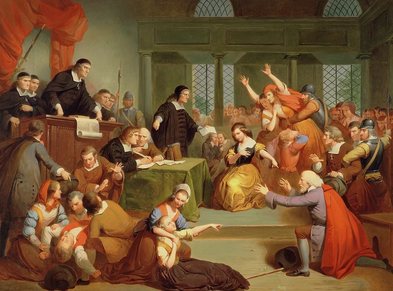 This 1855 oil painting named The Trial of George Jacobs depicts a man accused of witchcraft in Salem, Massachusetts. At his trial, Jacobs failed to properly recite the Lord's Prayer, a sign often taken as proof of guilt.