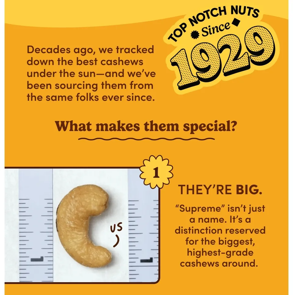 Decades ago, we tracked down the best cashews under the sun-and we've been sourcing them from the same folks ever since. What makes them special? THEY'RE BIG.