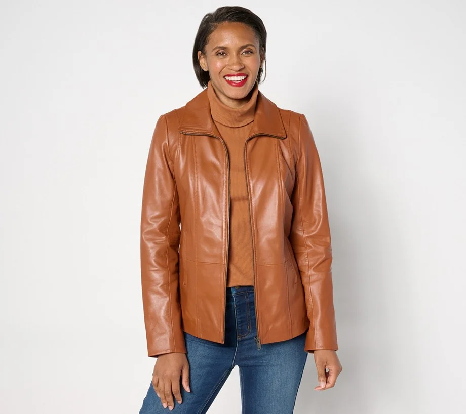Denim & Co. Lamb Leather Zip Front Seamed Jacket with Pockets