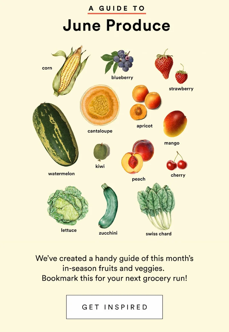 Your guide to June Produce. We’ve created a handy guide of this month’s in-season fruits and veggies.  Bookmark this for your next grocery run!