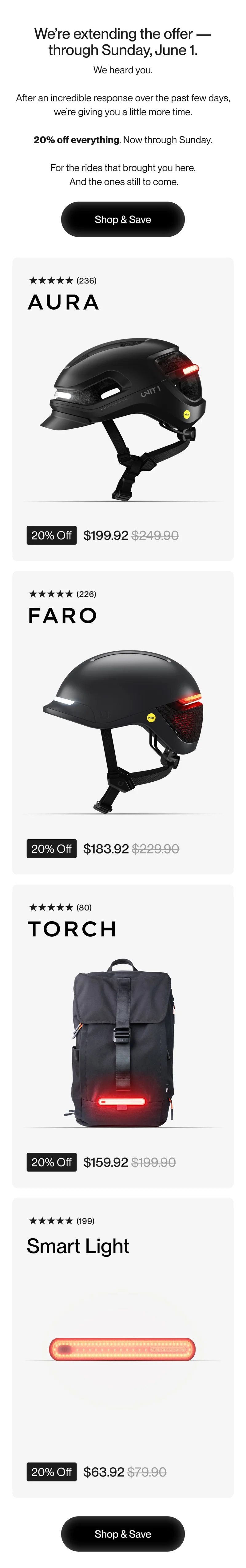 20% off all UNIT 1 gear — AURA, FARO, TORCH and Smart Light