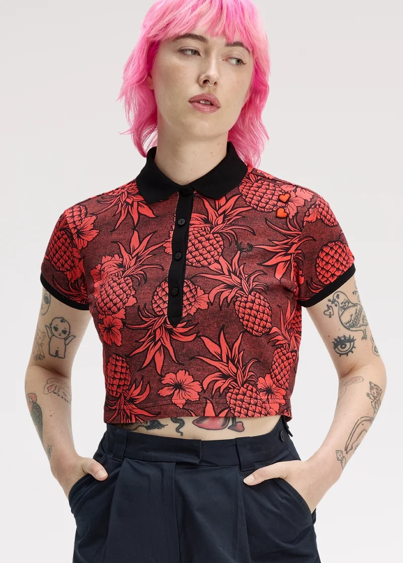 Female model wearing a Fred Perry x Amy Winehouse Foundation Printed Polo Shirt