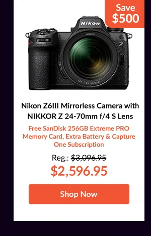 Nikon Z6III Mirrorless Camera with NIKKOR Z 24-70mm f/4 S Lens   Free SanDisk 256GB Extreme PRO Memory Card, Extra Battery & Capture One Subscription