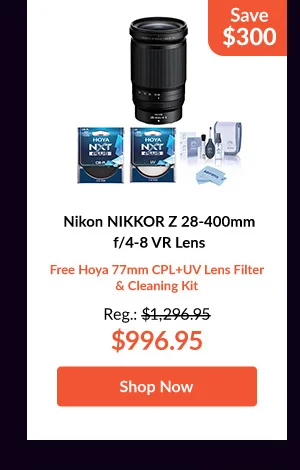 Nikon NIKKOR Z 28-400mm f/4-8 VR Lens   Free Hoya 77mm CPL+UV Lens Filter & Cleaning Kit