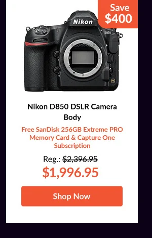 Nikon D850 DSLR Camera Body   Free SanDisk 256GB Extreme PRO Memory Card & Capture One Subscription