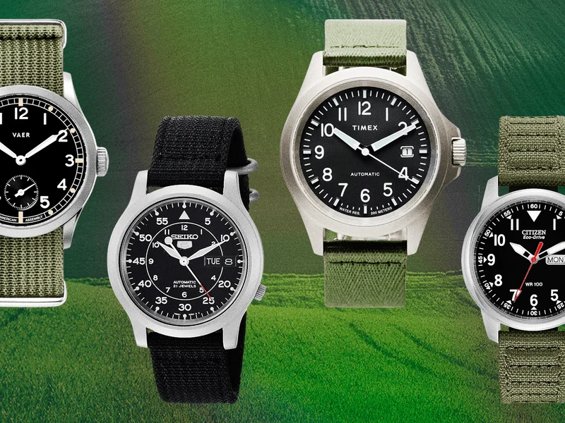 4 affordable field watches in front of a green background.