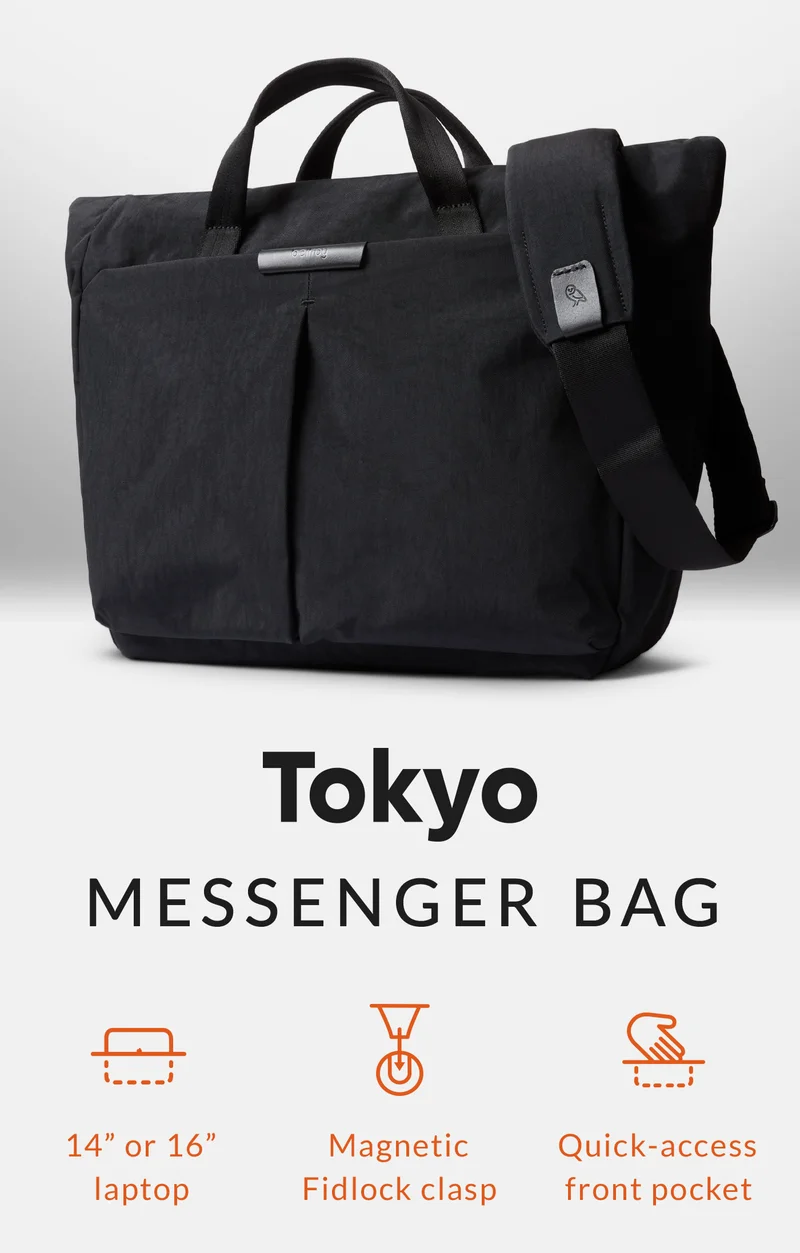 Tokyo Messenger Bag Starburst: 14L & 16L sizes Icons:  14” or 16” laptop Magnetic Fidlock clasp Quick-access front pocket