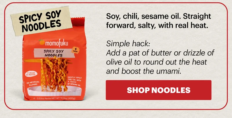 Header: NATIONAL RAMEN DAY Sub-header: Get a free pair of chopsticks ($10 value) with any order — now through 4/5. No code needed, gift applied at checkout. CTA: SHOP NOODLES