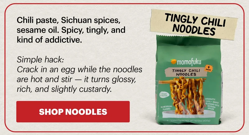 Header: NATIONAL RAMEN DAY Sub-header: Get a free pair of chopsticks ($10 value) with any order — now through 4/5. No code needed, gift applied at checkout. CTA: SHOP NOODLES